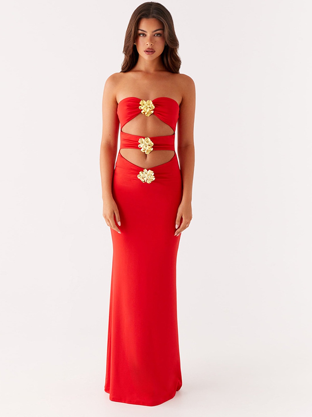 Red Strapless Bodycon Maxi Dress with Gold Accents