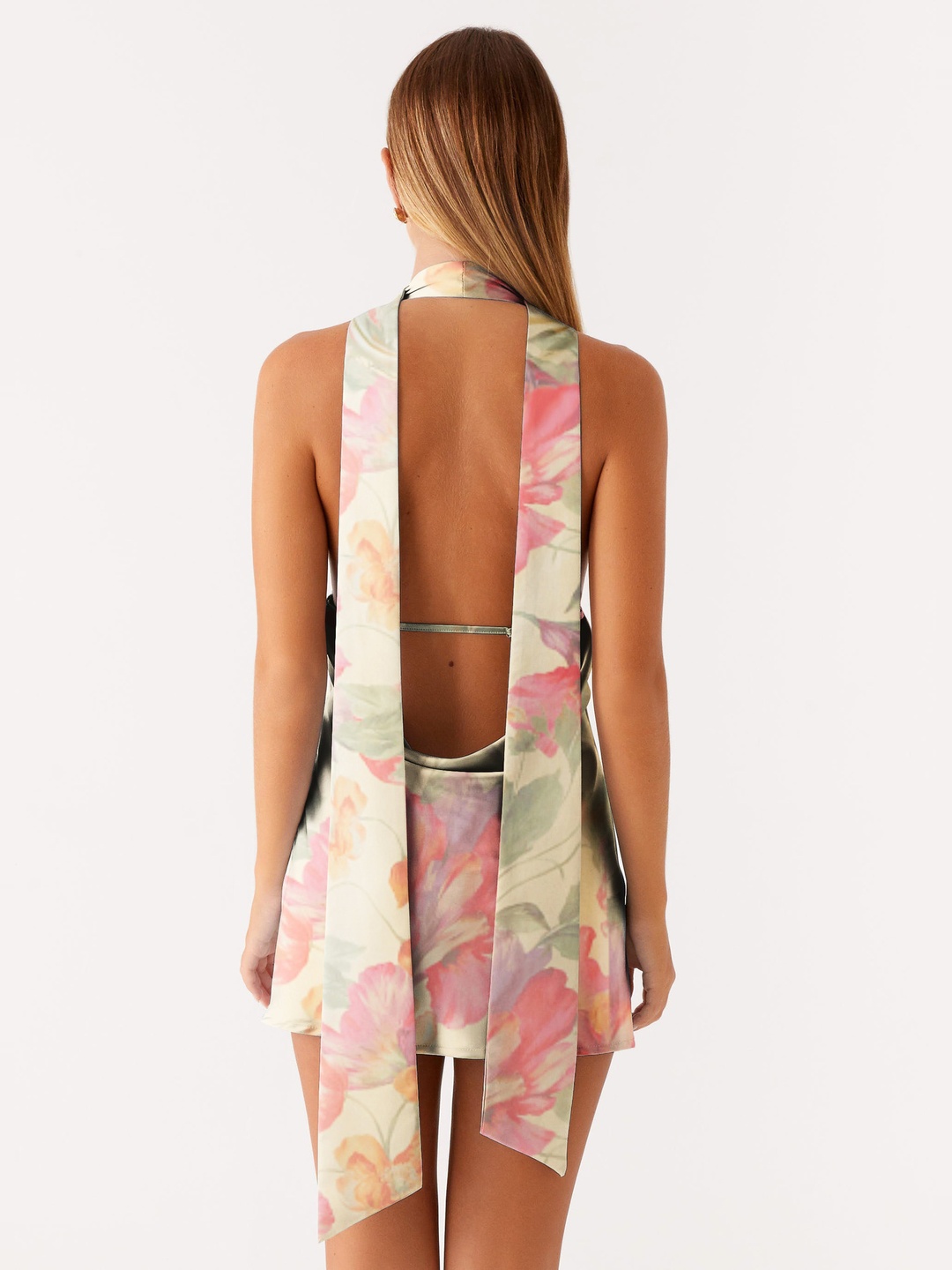Cream Floral Bodycon Mini Dress - Sleeveless Halter Neck