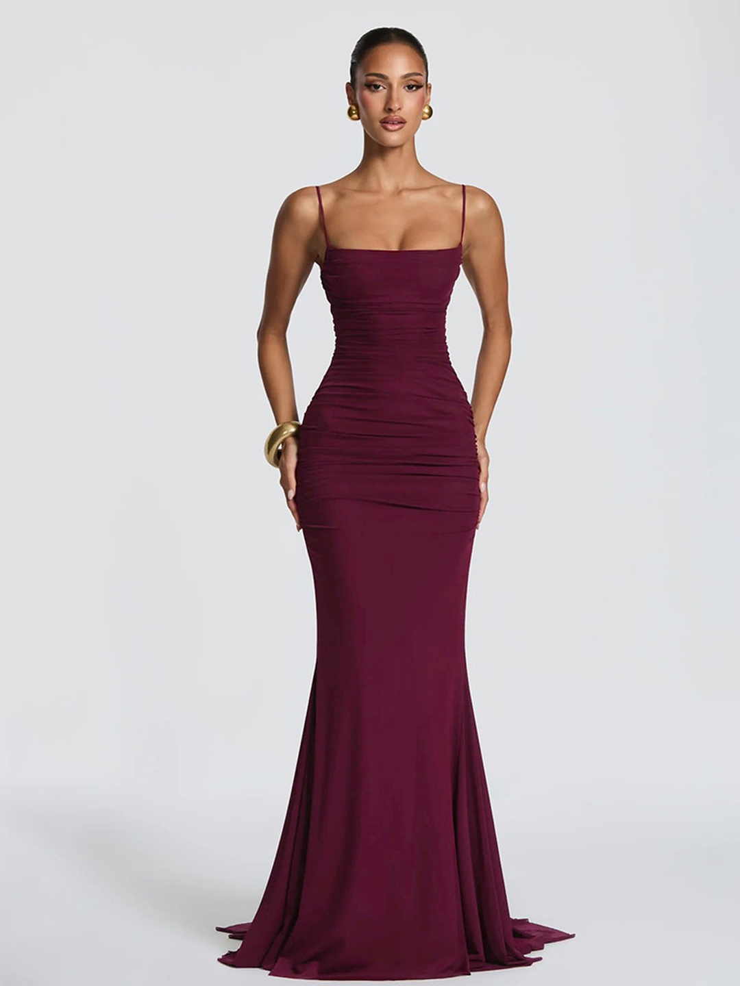 Burgundy Strappy Mermaid Maxi Dress - Plain and Ruched