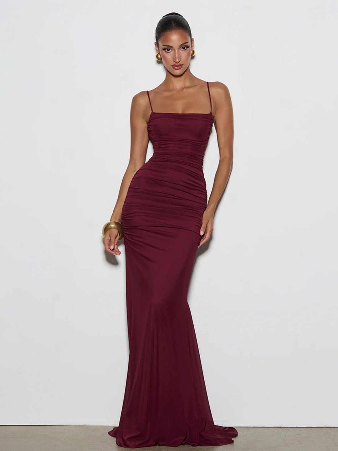 Burgundy Strappy Mermaid Maxi Dress - Plain and Ruched