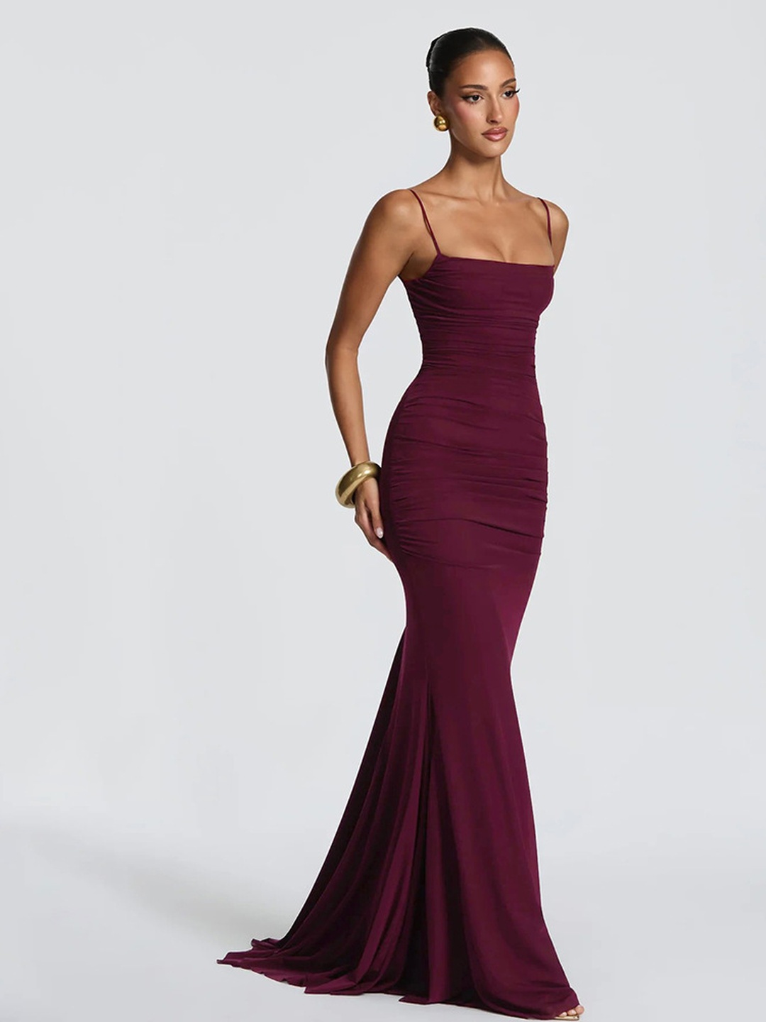 Burgundy Strappy Mermaid Maxi Dress - Plain and Ruched