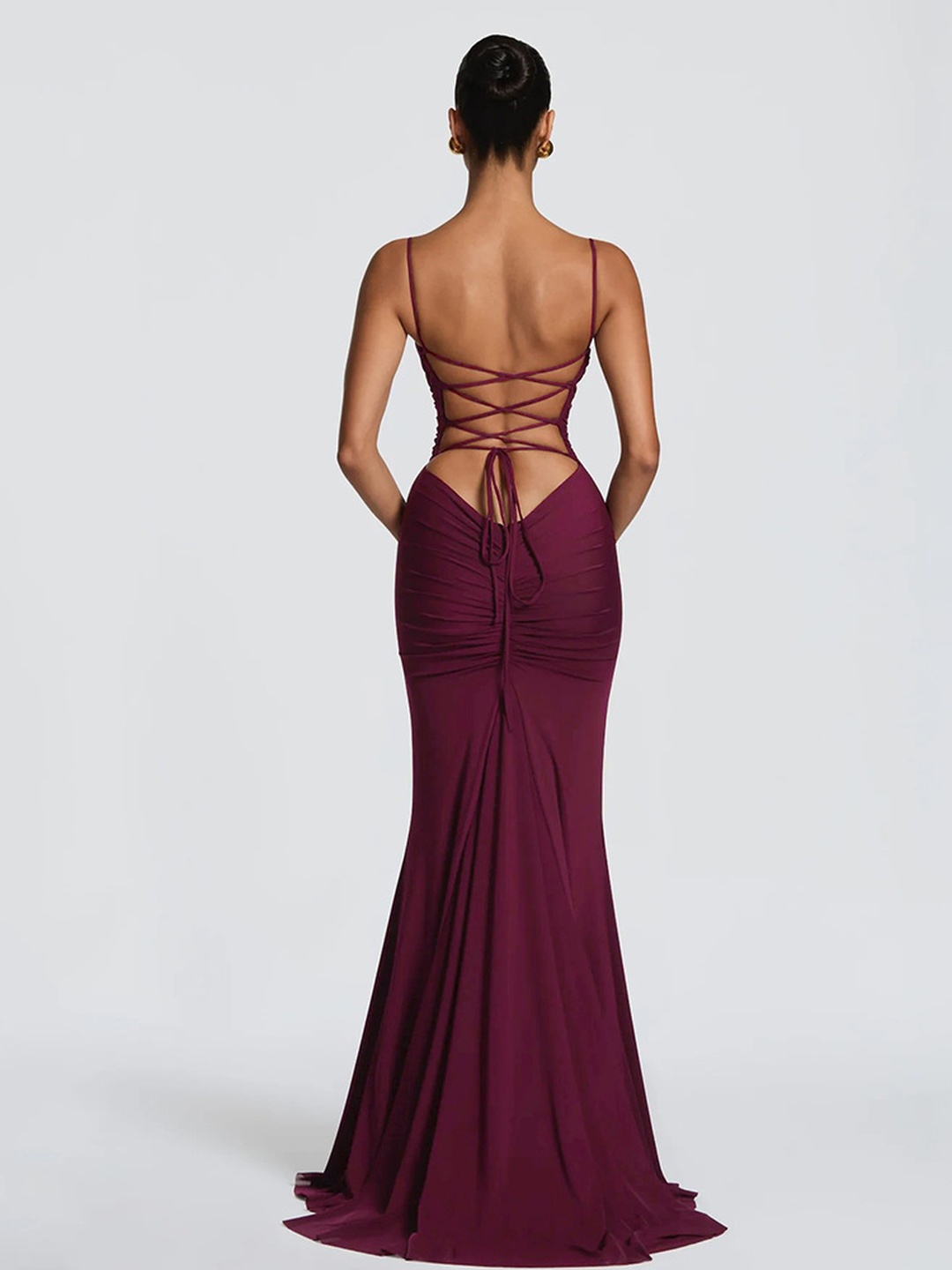 Burgundy Strappy Mermaid Maxi Dress - Plain and Ruched