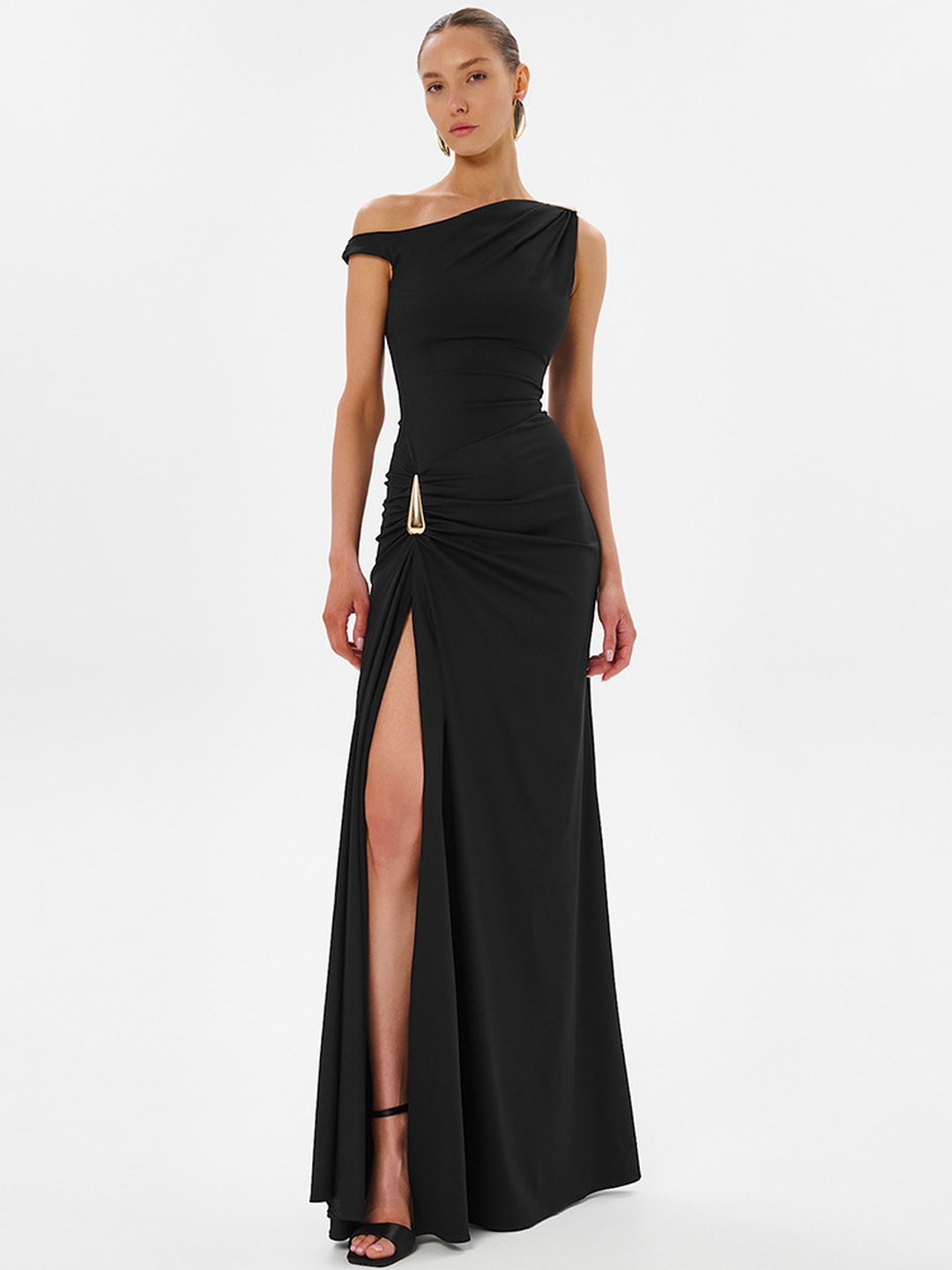 Black One-Shoulder Bodycon Maxi Dress with Gold Detail