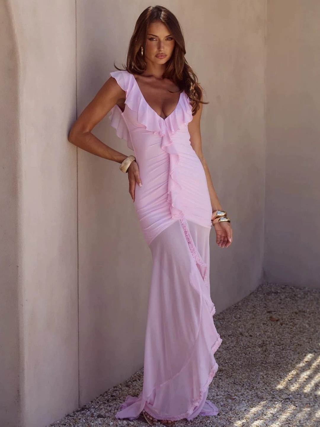 Light Pink Mermaid Maxi Dress with Ruffle Sleeves