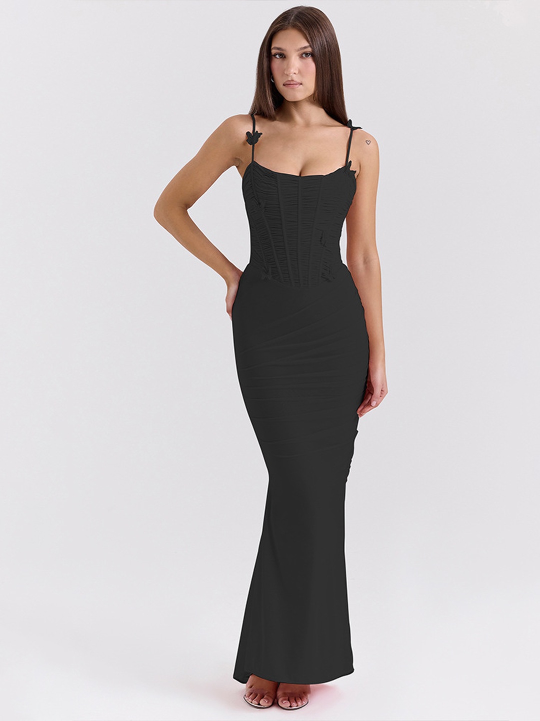 Black Strappy Bodycon Maxi Dress - Ruched Corset Style
