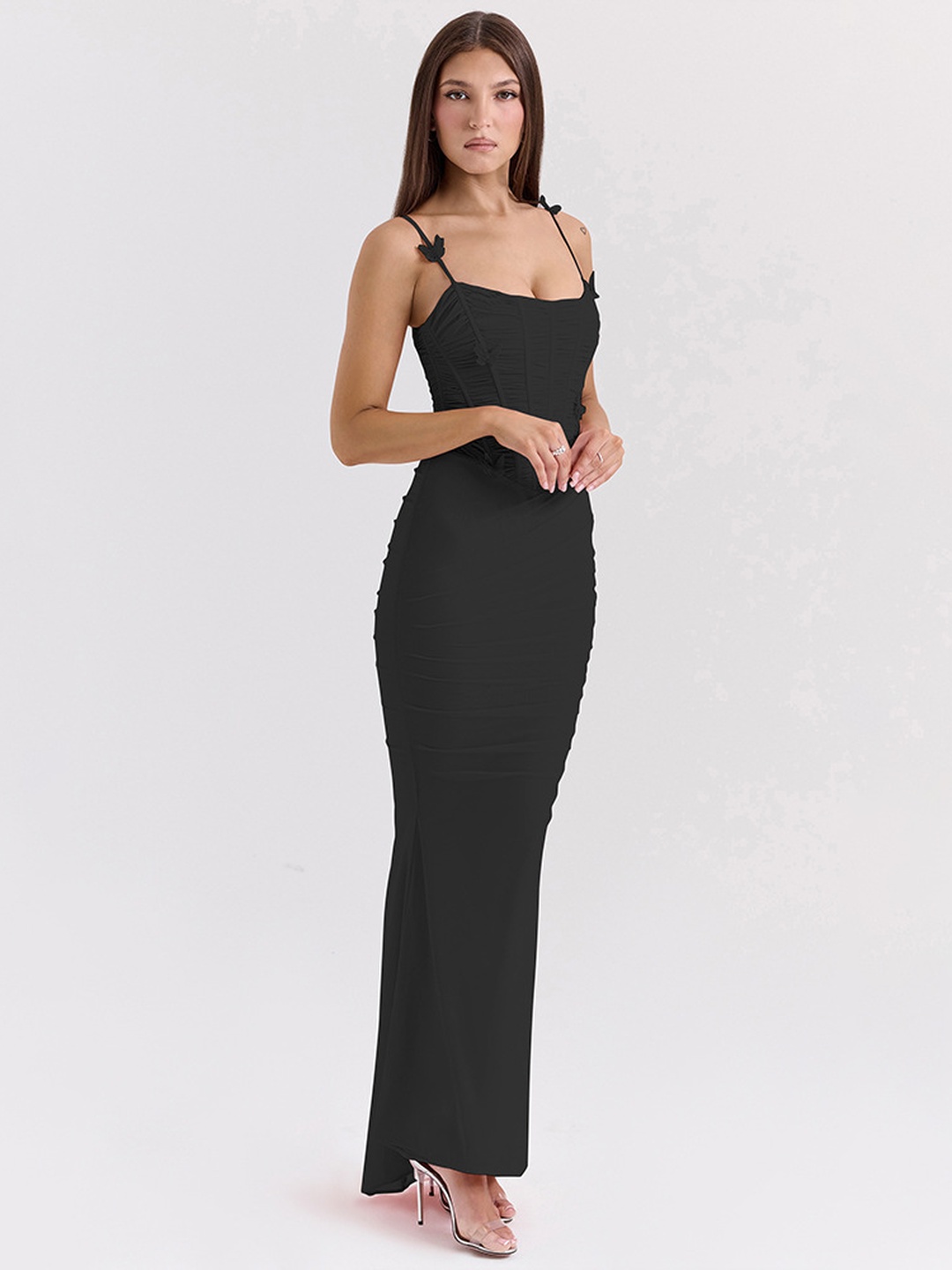 Black Strappy Bodycon Maxi Dress - Ruched Corset Style