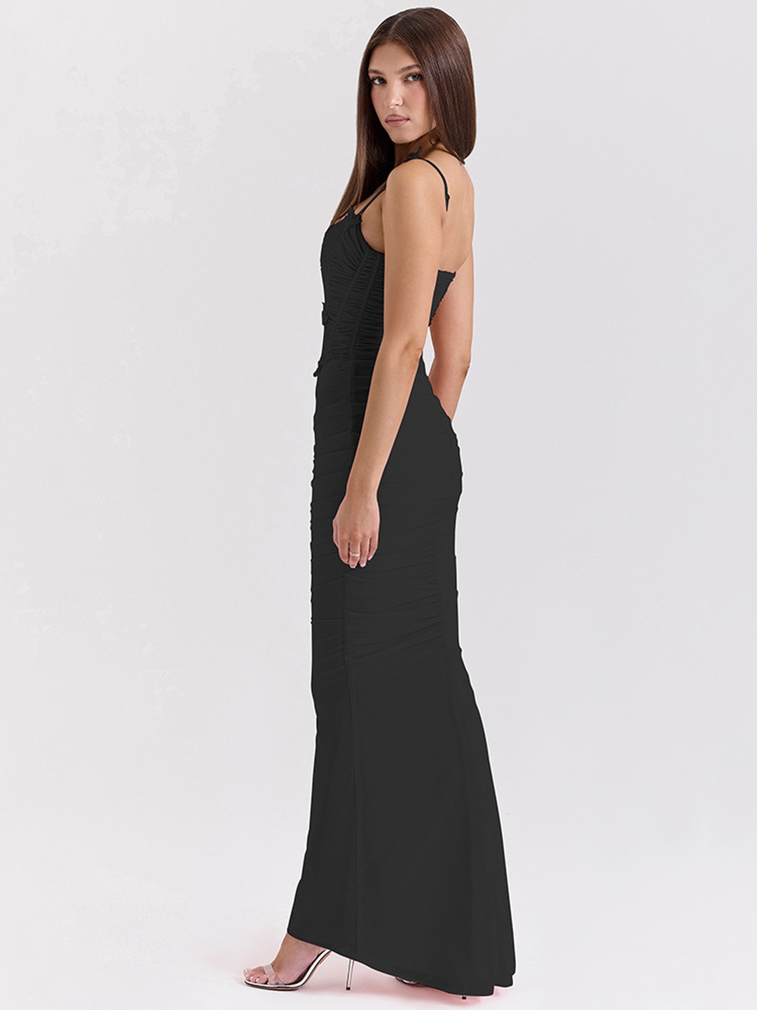 Black Strappy Bodycon Maxi Dress - Ruched Corset Style