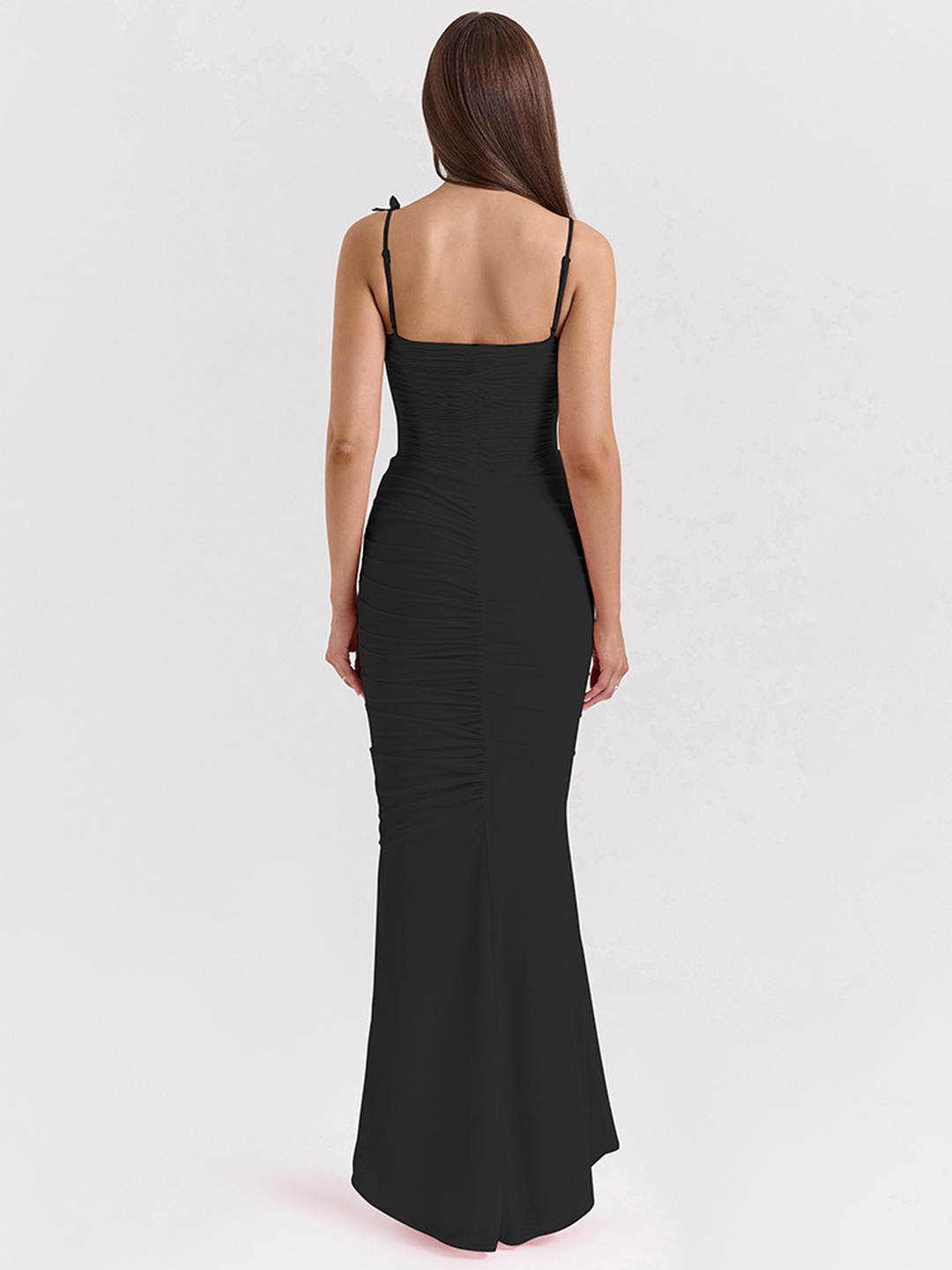 Black Strappy Bodycon Maxi Dress - Ruched Corset Style