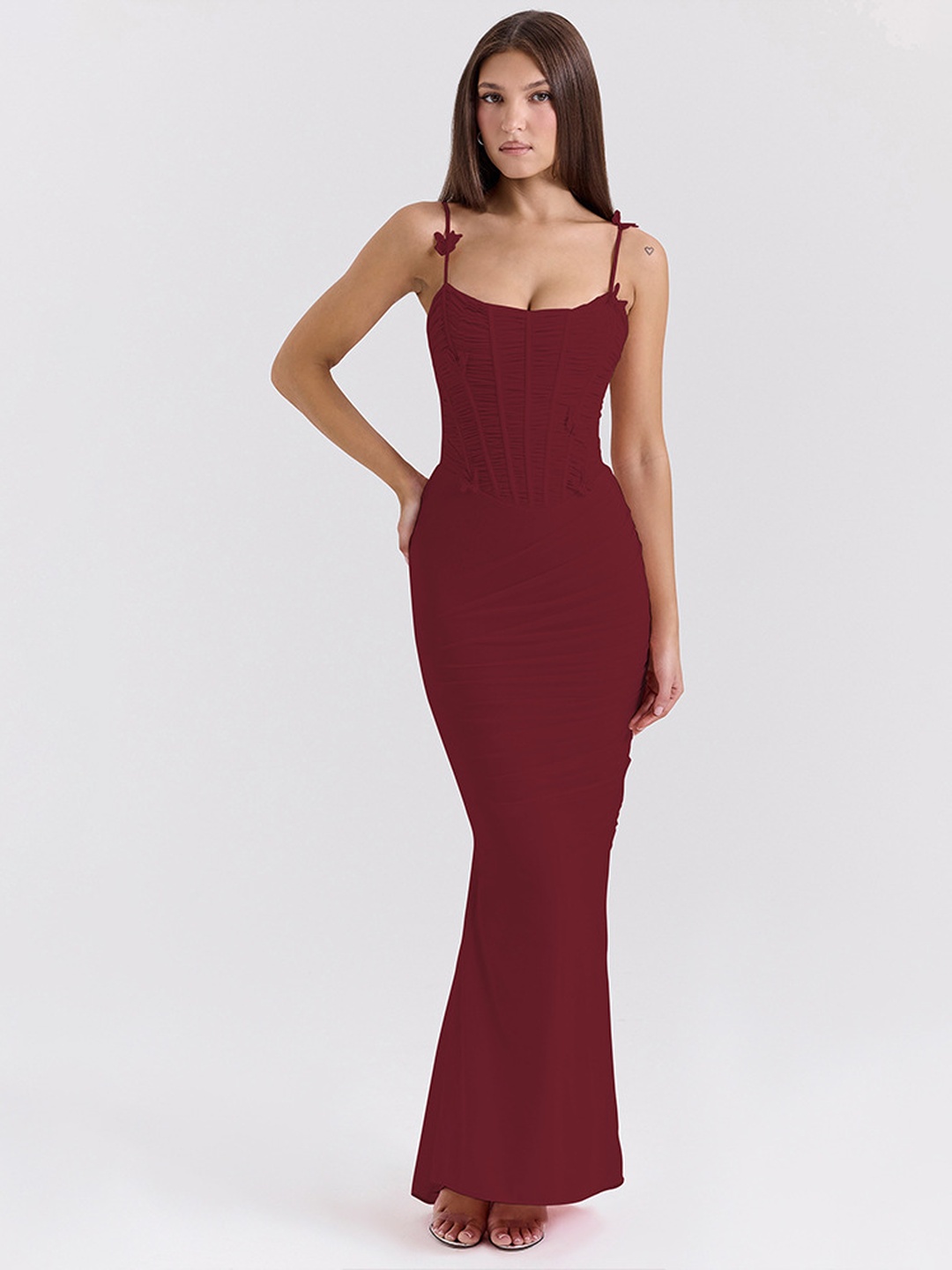 Maroon Bodycon Maxi Dress with Strappy Ruched Corset