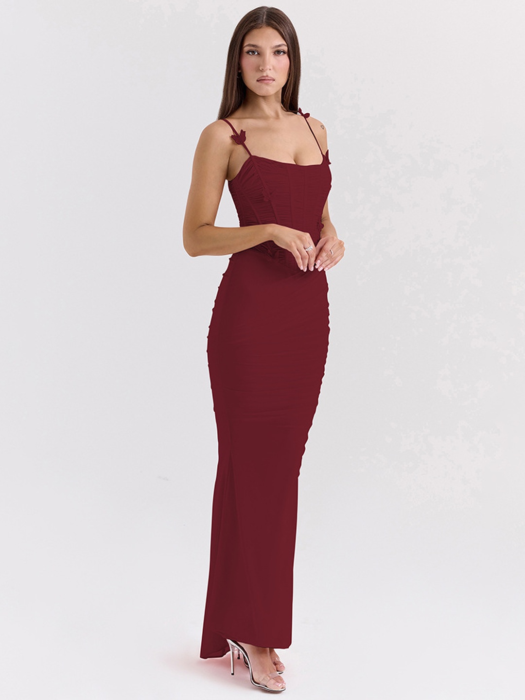 Maroon Bodycon Maxi Dress with Strappy Ruched Corset