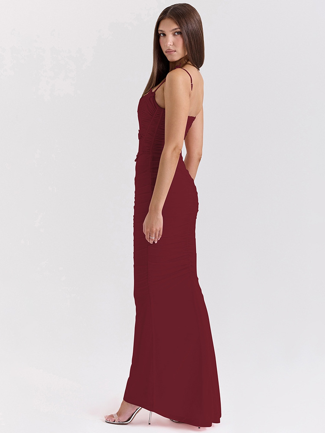 Maroon Bodycon Maxi Dress with Strappy Ruched Corset