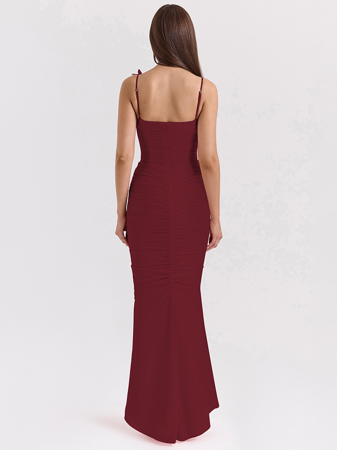 Maroon Bodycon Maxi Dress with Strappy Ruched Corset