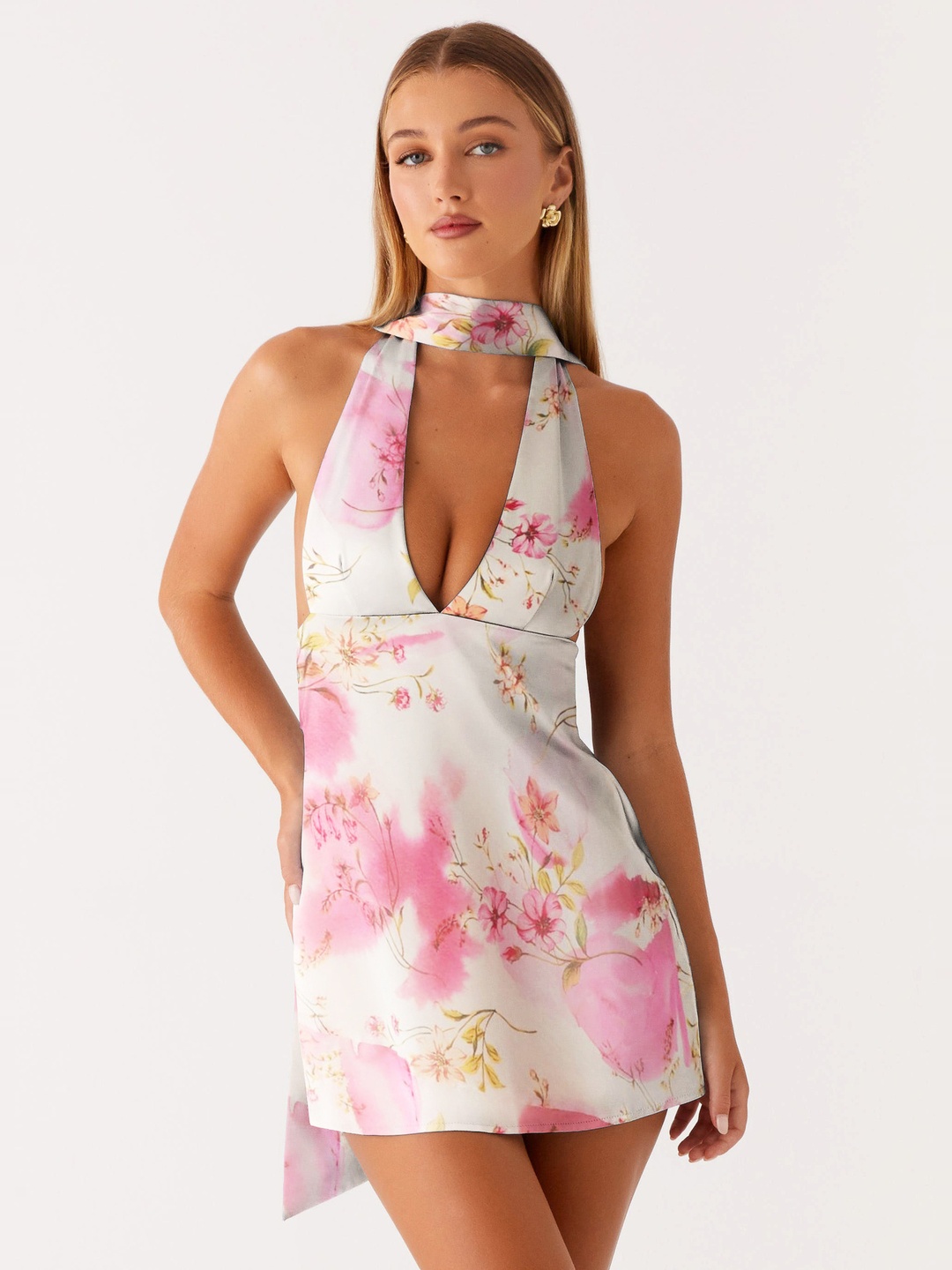 Off White Floral A-Line Mini Dress with Scarf Detail