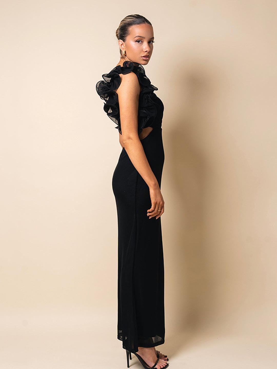 Black Sheath Maxi Dress with Ruffle Shoulder
