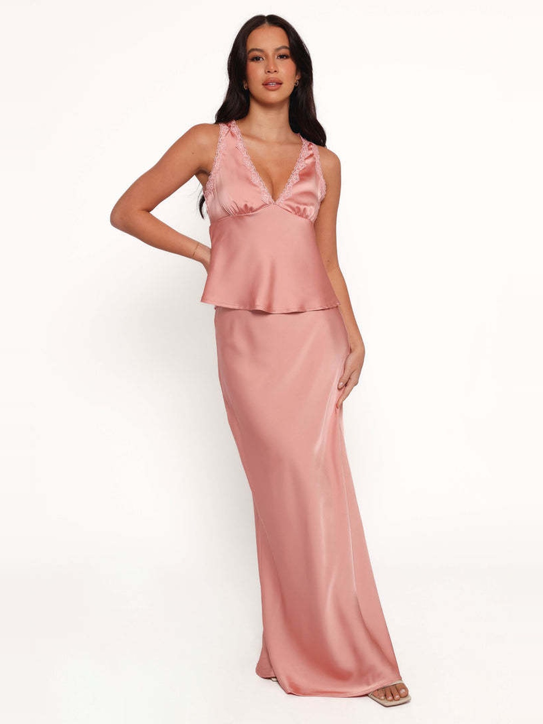 Pink Satin Maxi Dress with Lace Trim