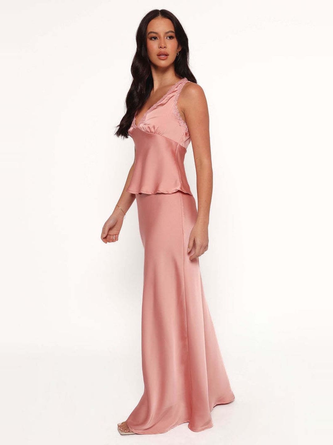 Pink Satin Maxi Dress with Lace Trim