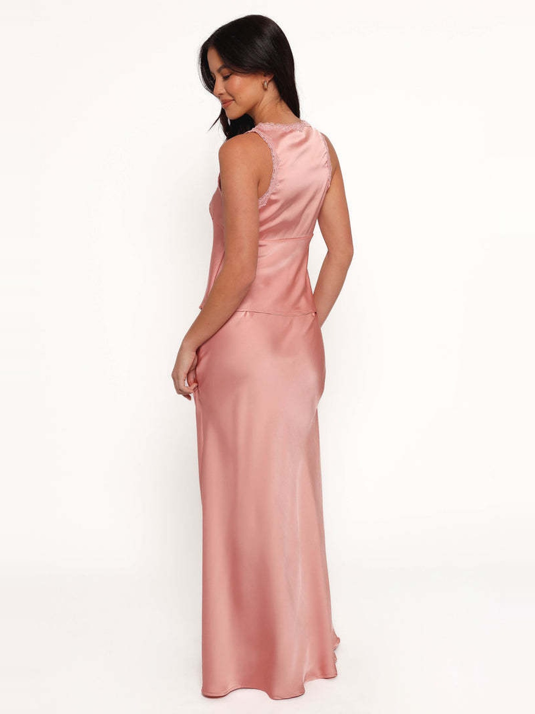 Pink Satin Maxi Dress with Lace Trim