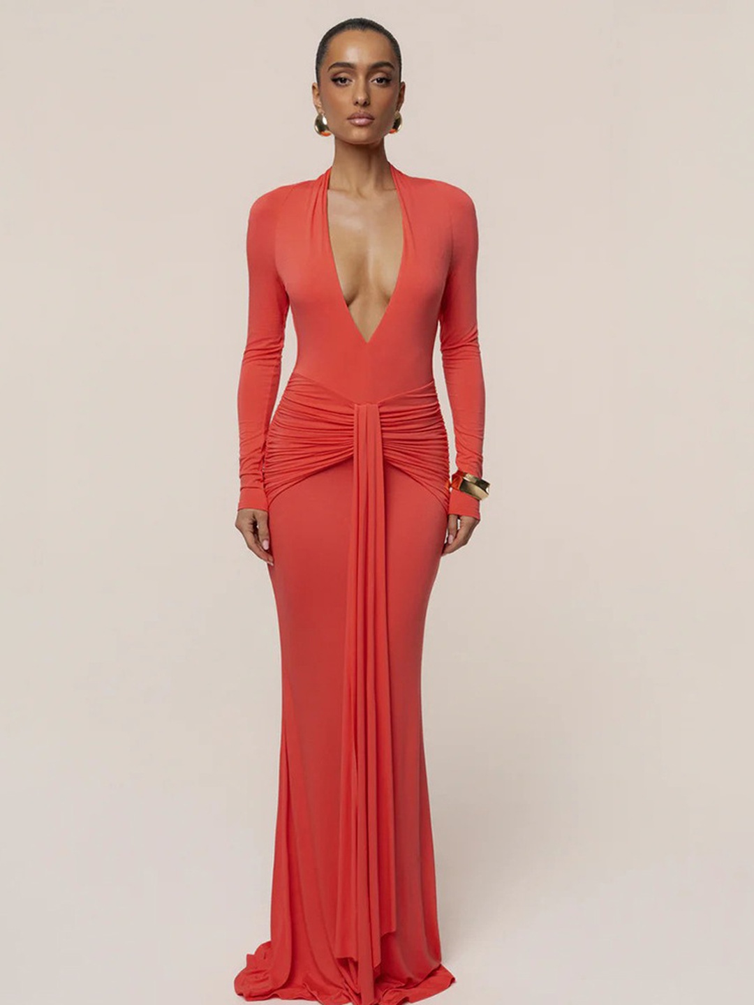 Red Maxi Bodycon Dress with Long Sleeves