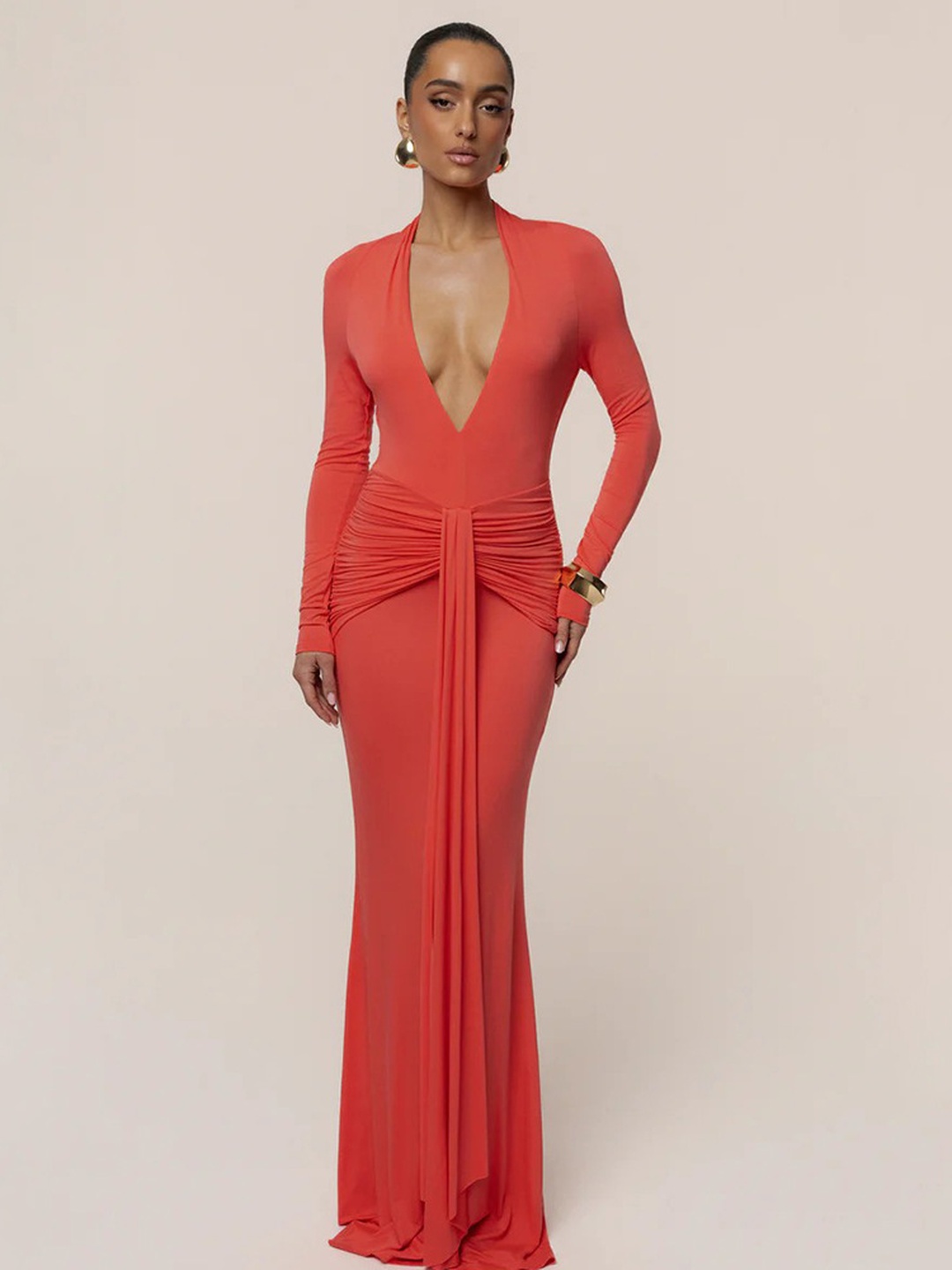 Red Maxi Bodycon Dress with Long Sleeves