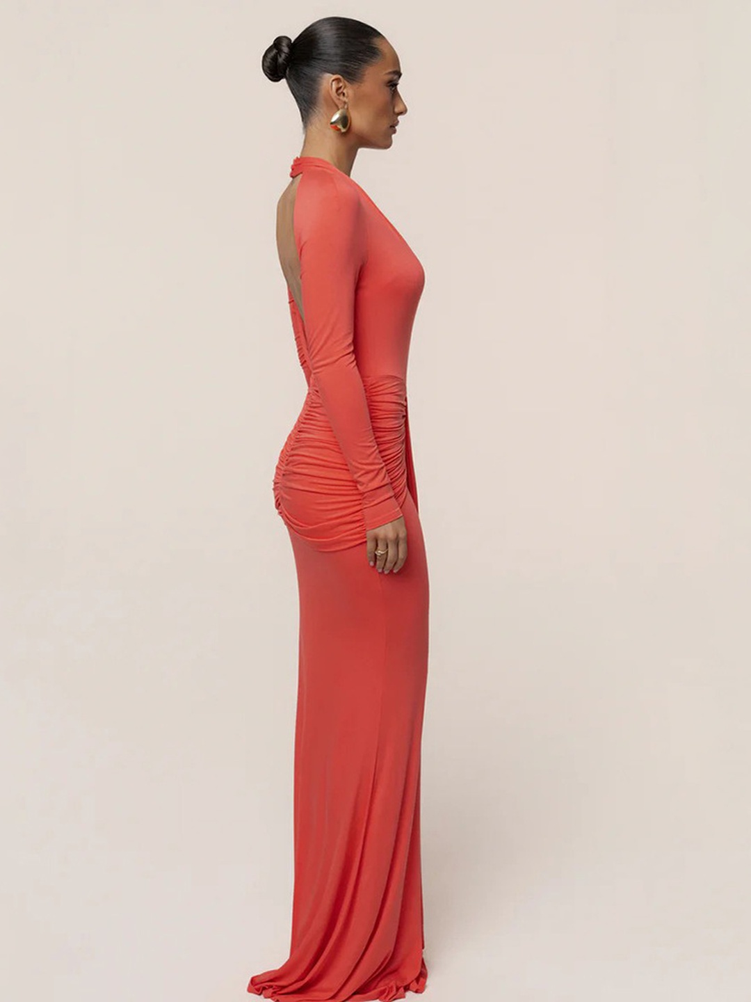 Red Maxi Bodycon Dress with Long Sleeves