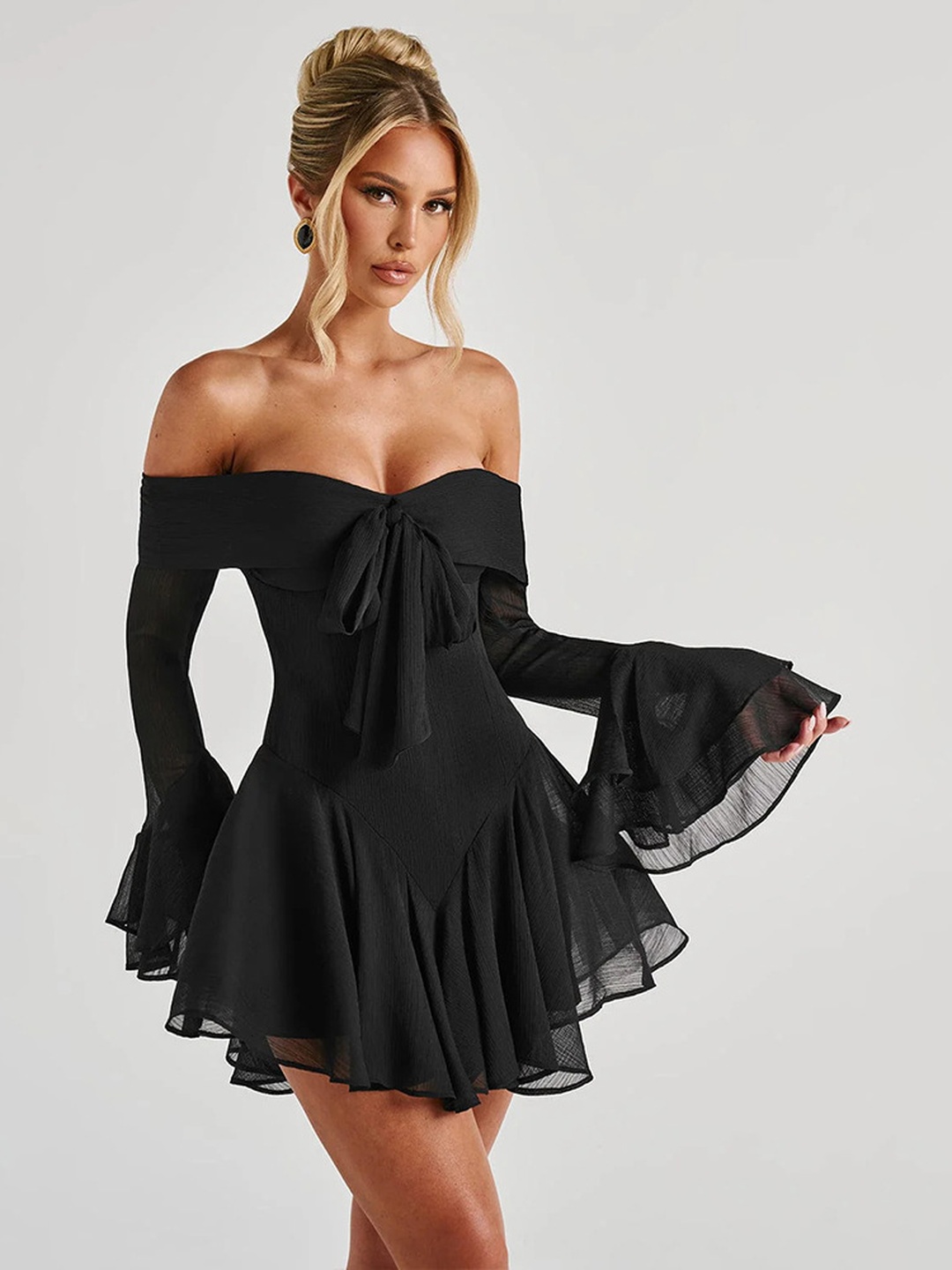 Black Off-Shoulder Mini Dress with Flared Sleeves and Bow Detail