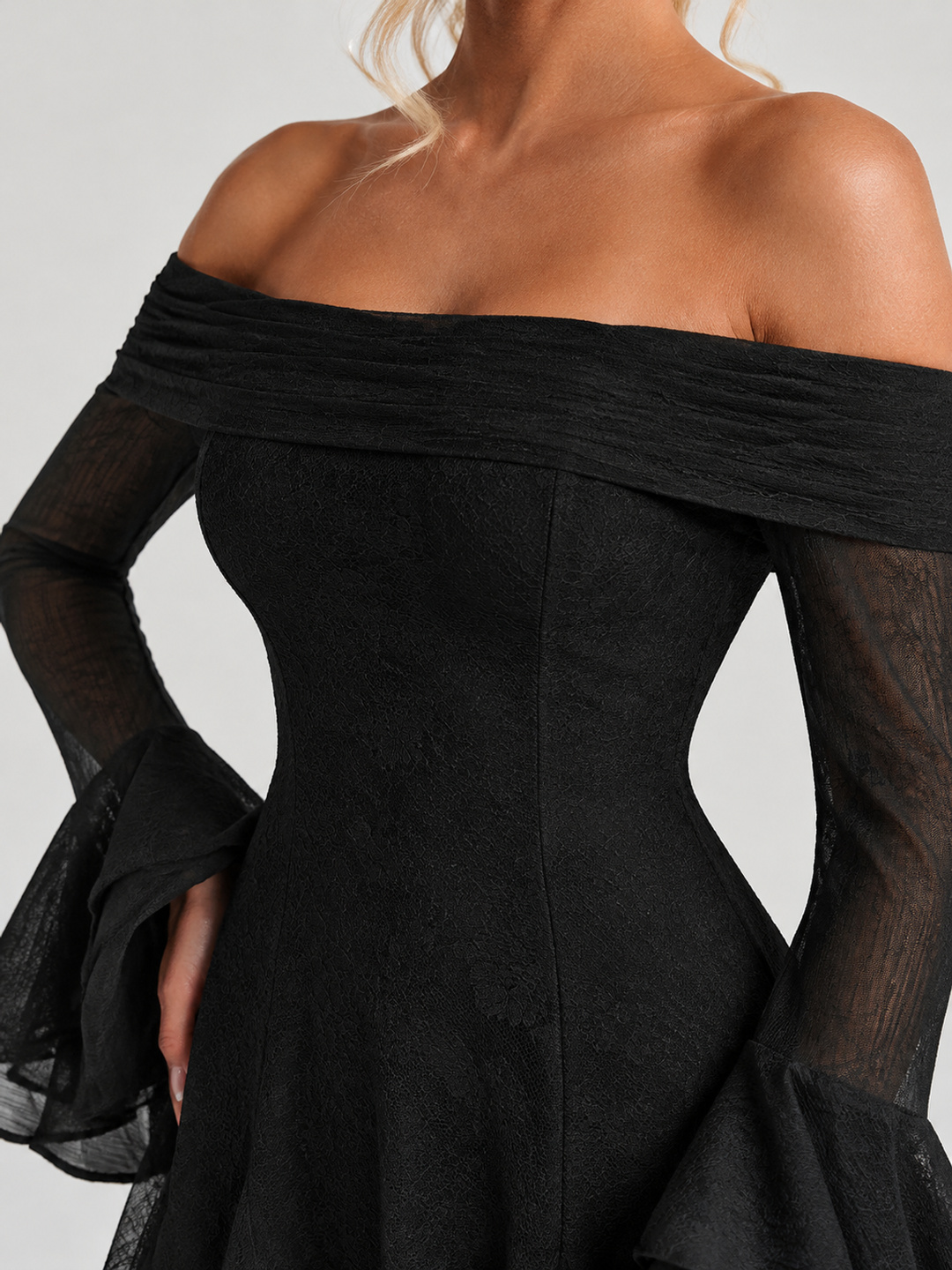 Black Off-Shoulder Mini Dress with Flared Sleeves and Bow Detail
