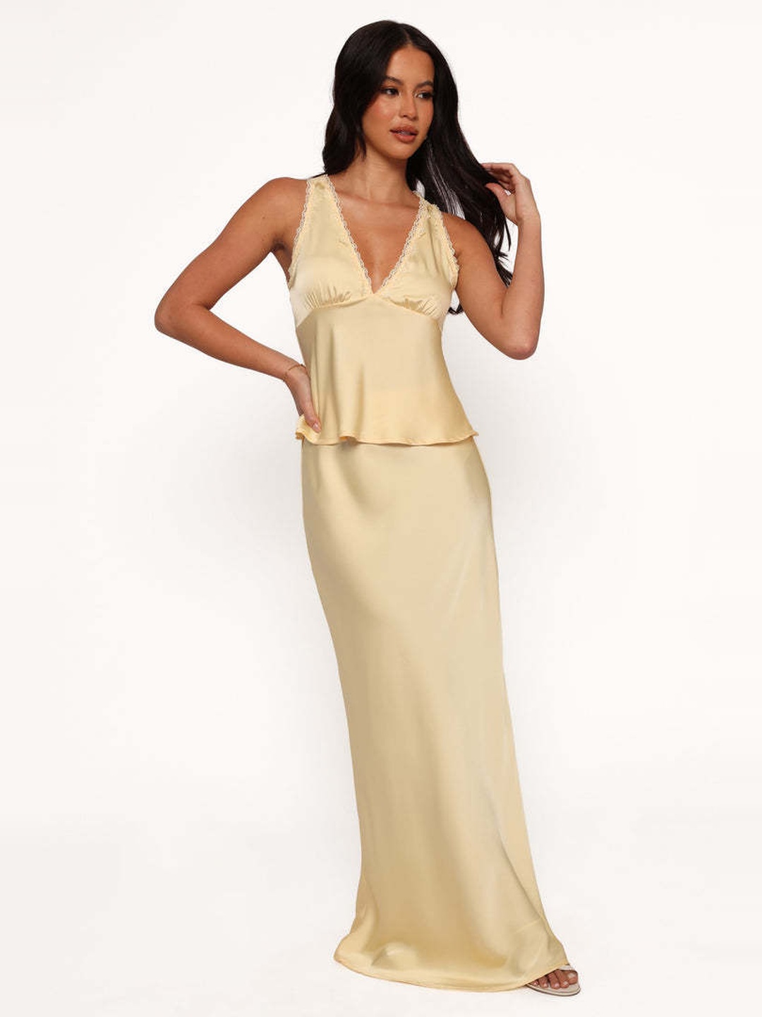 Cream Slip Maxi Dress with Lace Trim