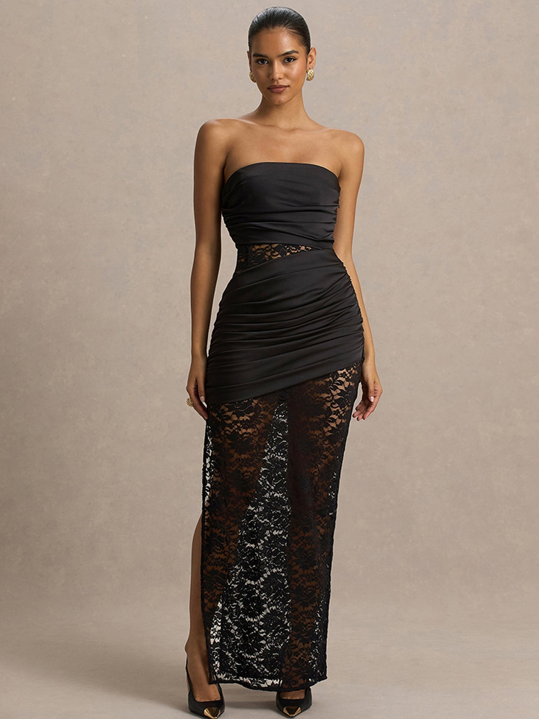 Black Lace Trim Strapless Maxi Dress