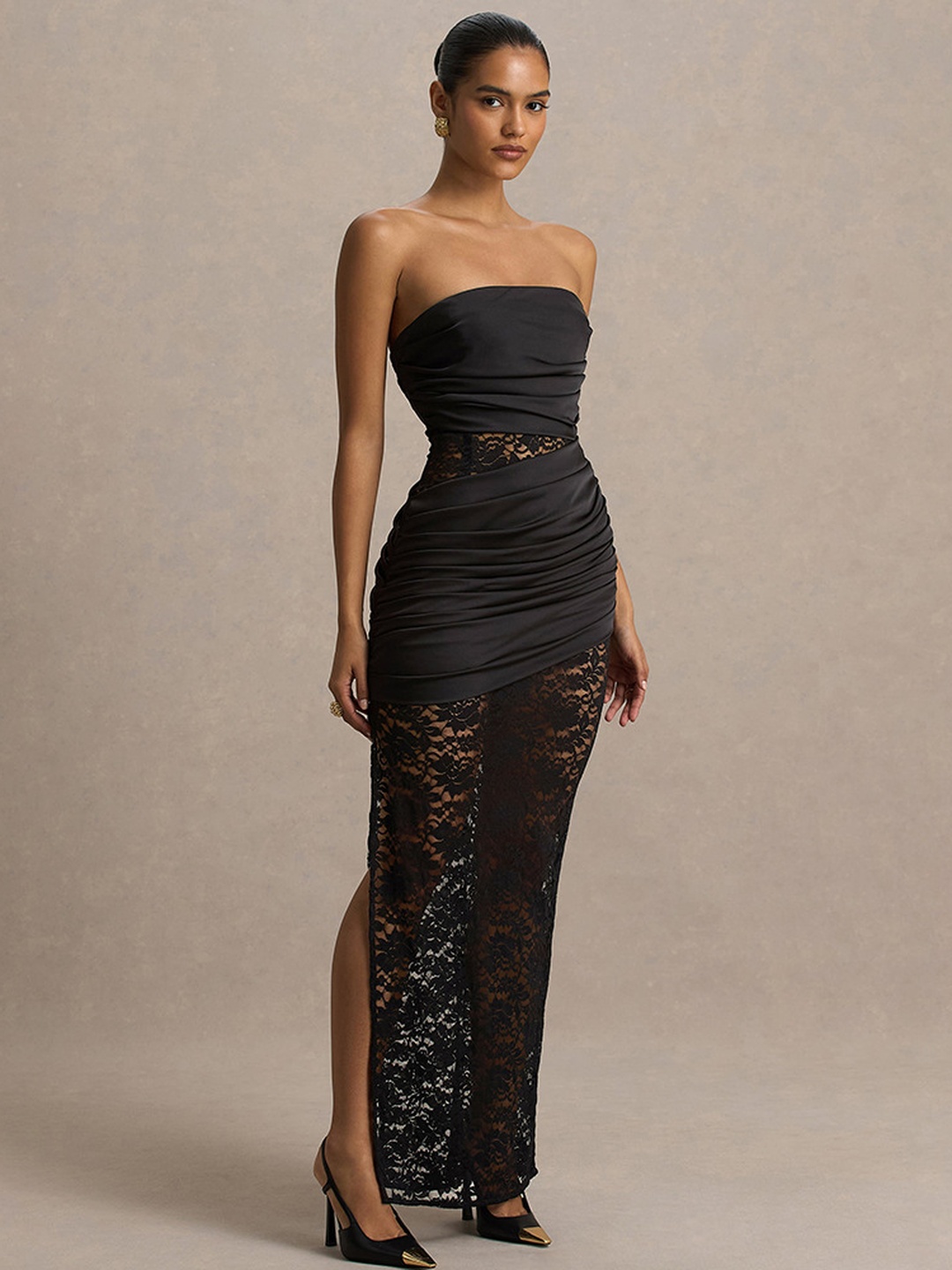 Black Lace Trim Strapless Maxi Dress