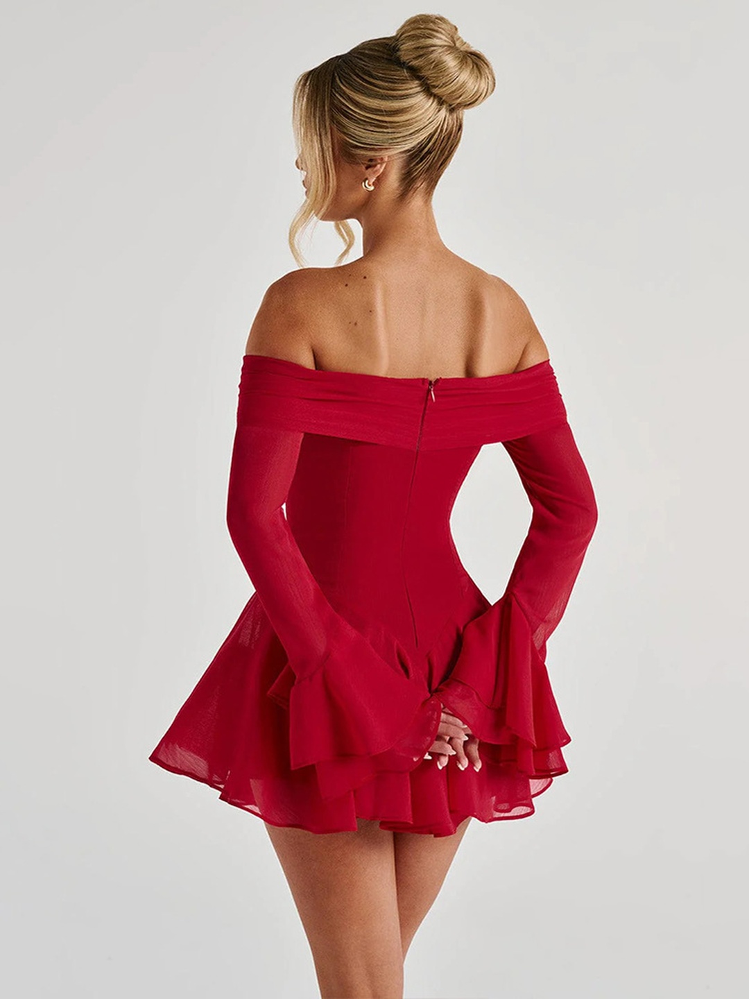 Red Off-Shoulder Skater Mini Dress with Bow and Bell Sleeves