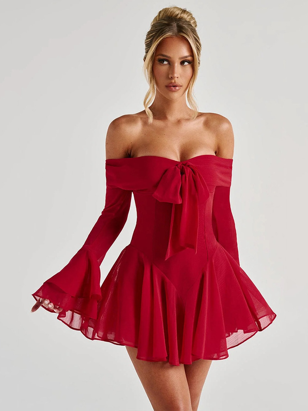 Red Off-Shoulder Skater Mini Dress with Bow and Bell Sleeves