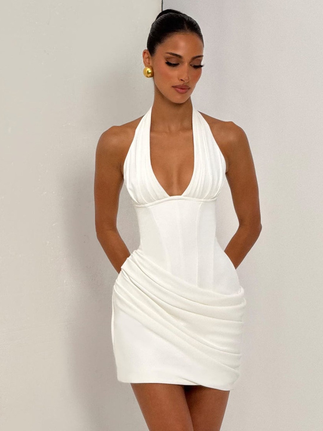 White Halter Neck Ruched Bodycon Mini Dress