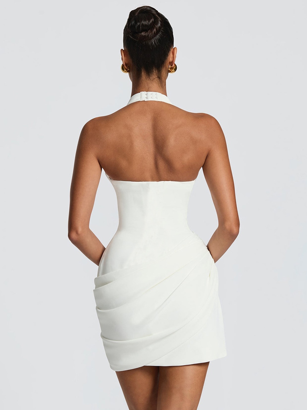 White Halter Neck Ruched Bodycon Mini Dress