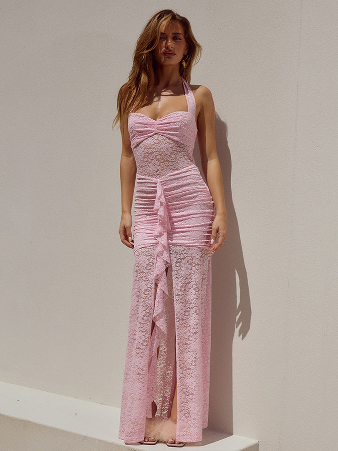 Pink Lace Bodycon Halter Neck Maxi Dress