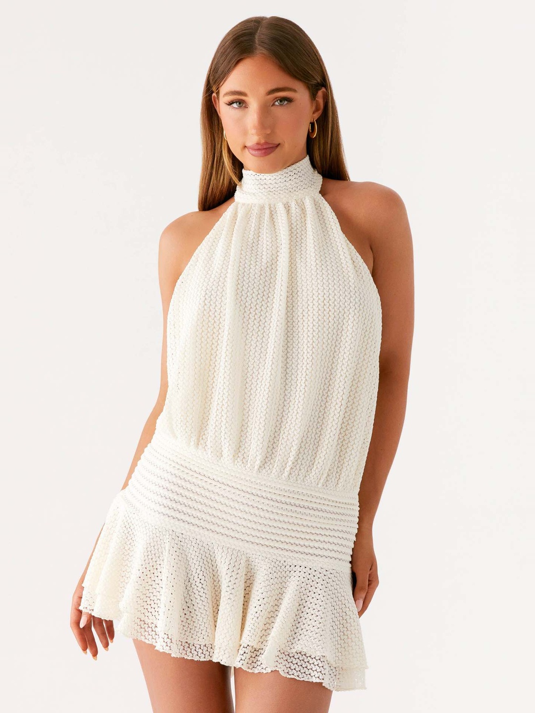 White Sleeveless Halter Neck Mini Dress Fit and Flare