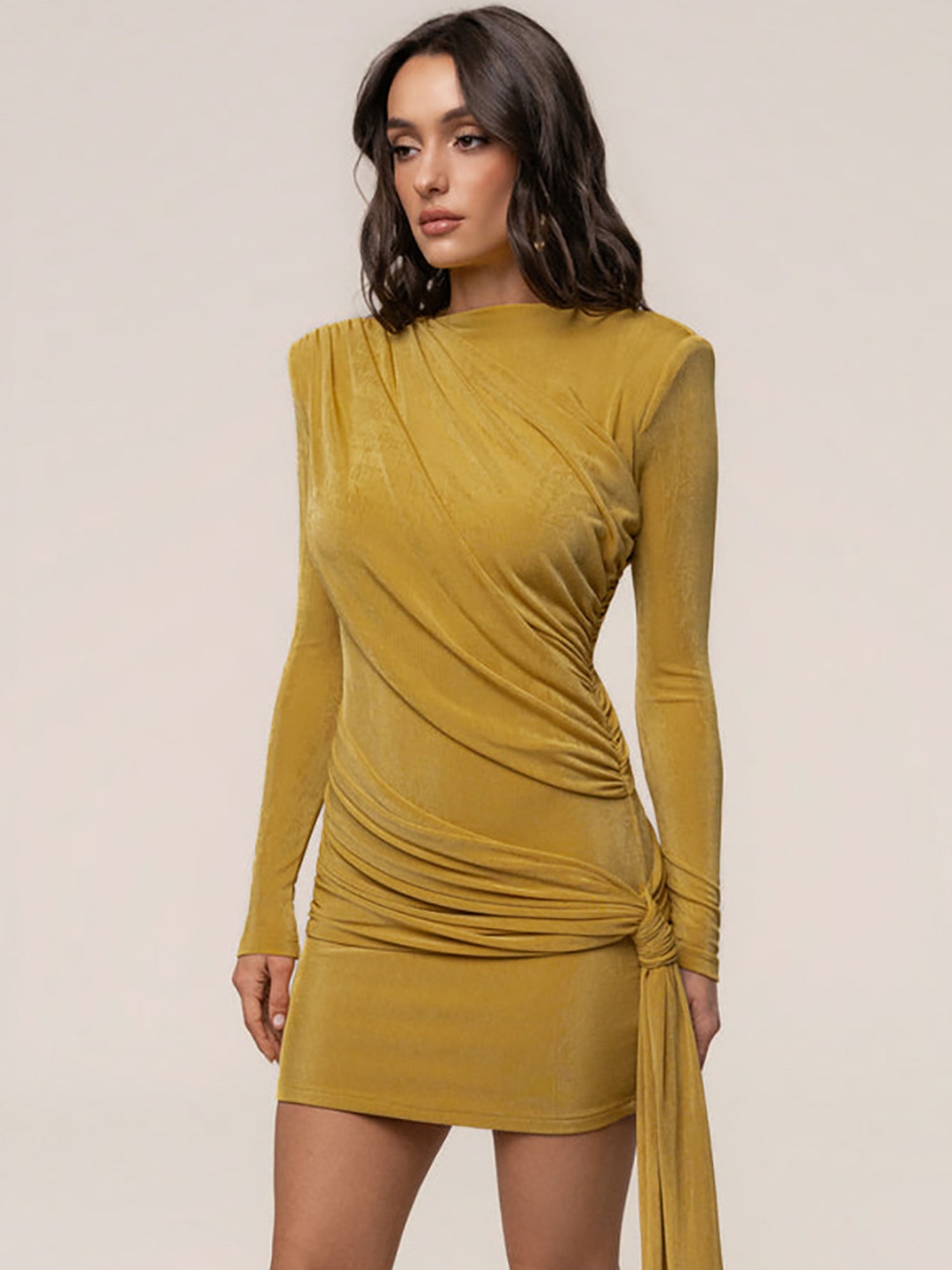 Mustard Long-Sleeve Bodycon Mini Dress with Draped Detailing