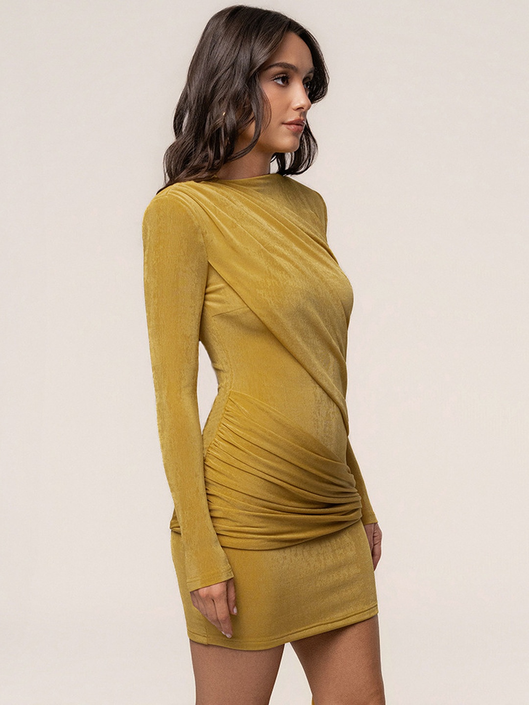 Mustard Long-Sleeve Bodycon Mini Dress with Draped Detailing
