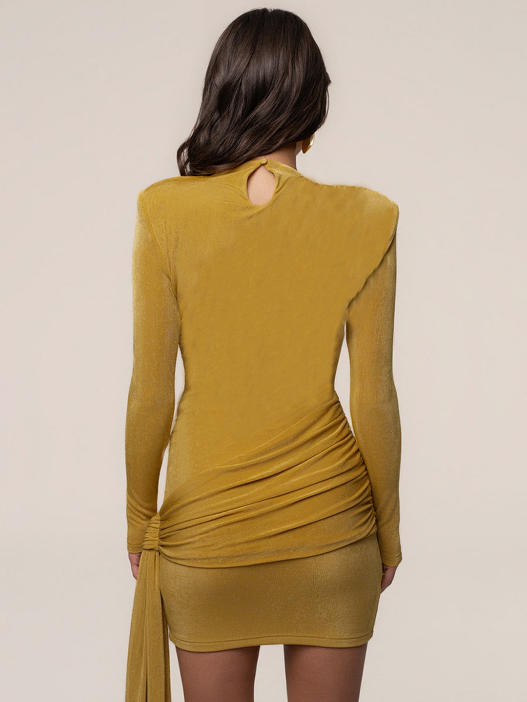 Mustard Long-Sleeve Bodycon Mini Dress with Draped Detailing