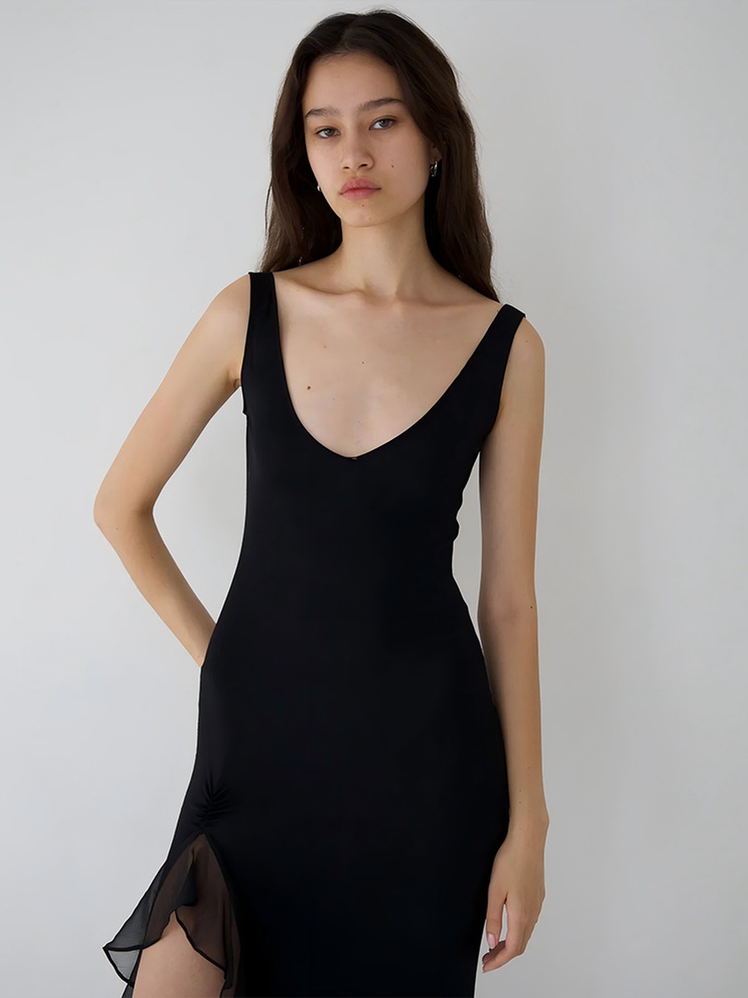 Black Sleeveless Maxi Dress with Ruffled Slit