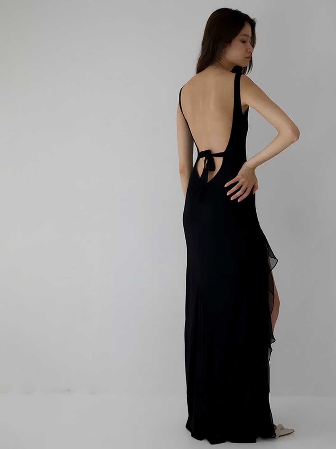 Black Sleeveless Maxi Dress with Ruffled Slit