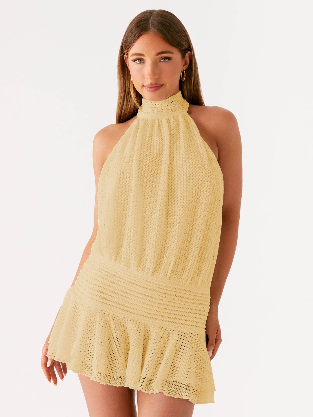 Yellow Plain Halter Neck Mini Dress Fit and Flare