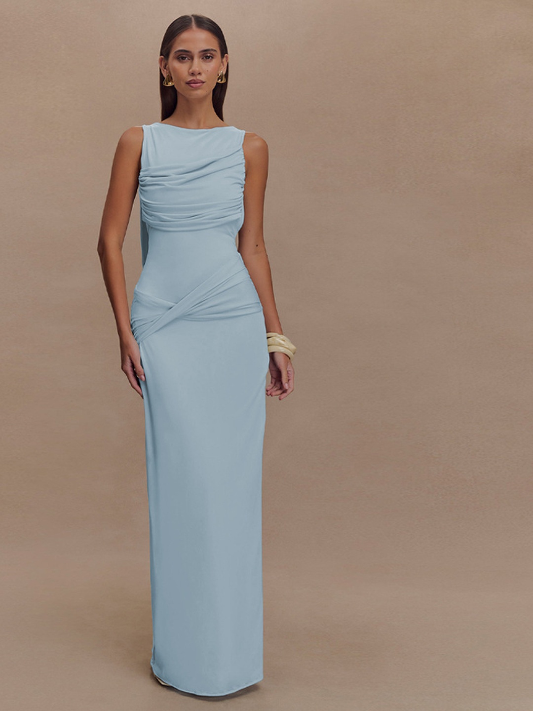 Sky Blue Ruched Sheath Maxi Dress
