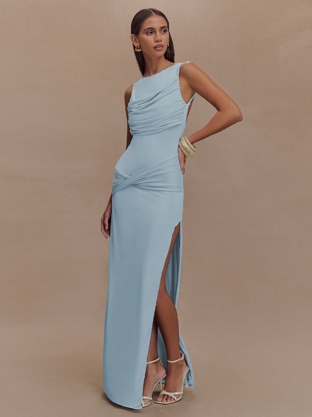 Sky Blue Ruched Sheath Maxi Dress