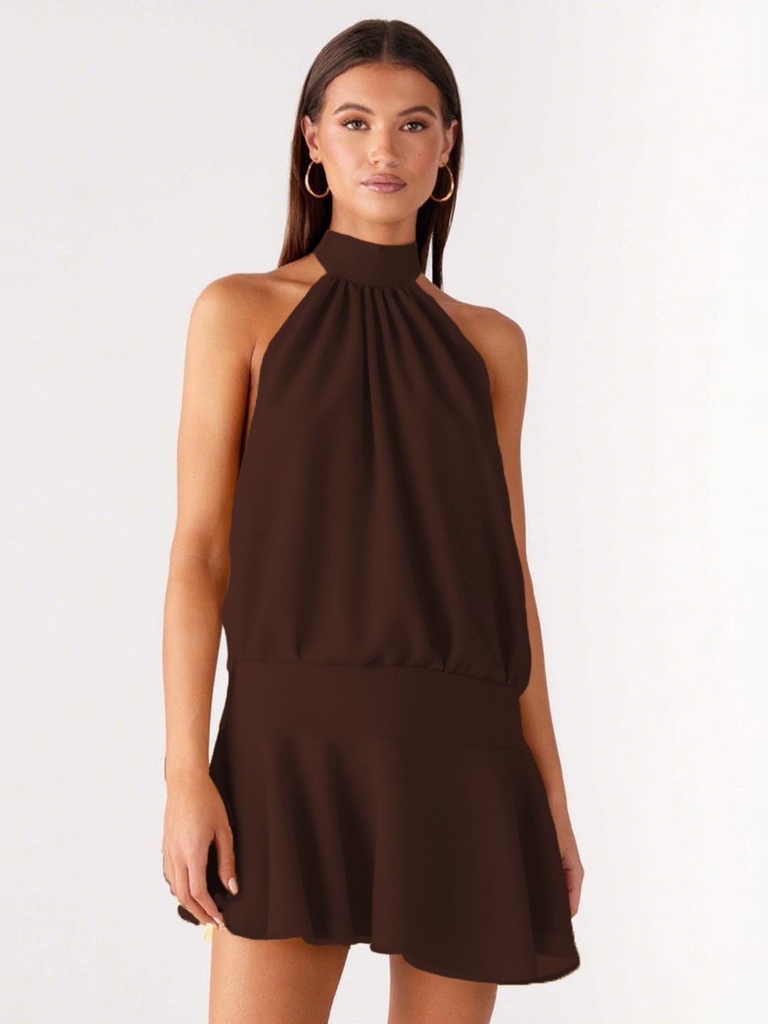 Brown Halter Neck Fit and Flare Mini Dress