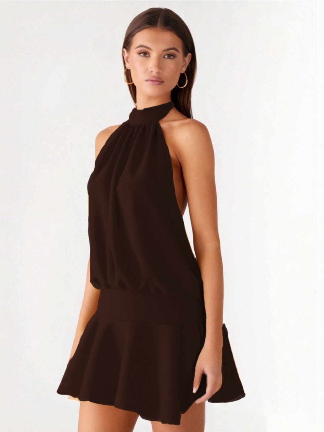 Brown Halter Neck Fit and Flare Mini Dress