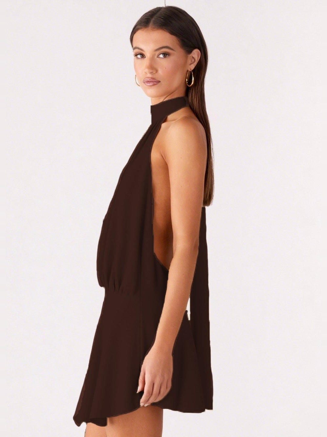 Brown Halter Neck Fit and Flare Mini Dress