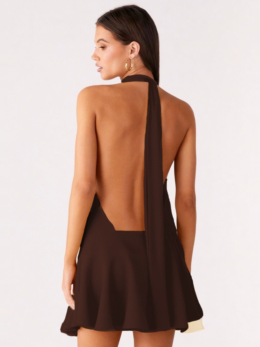 Brown Halter Neck Fit and Flare Mini Dress