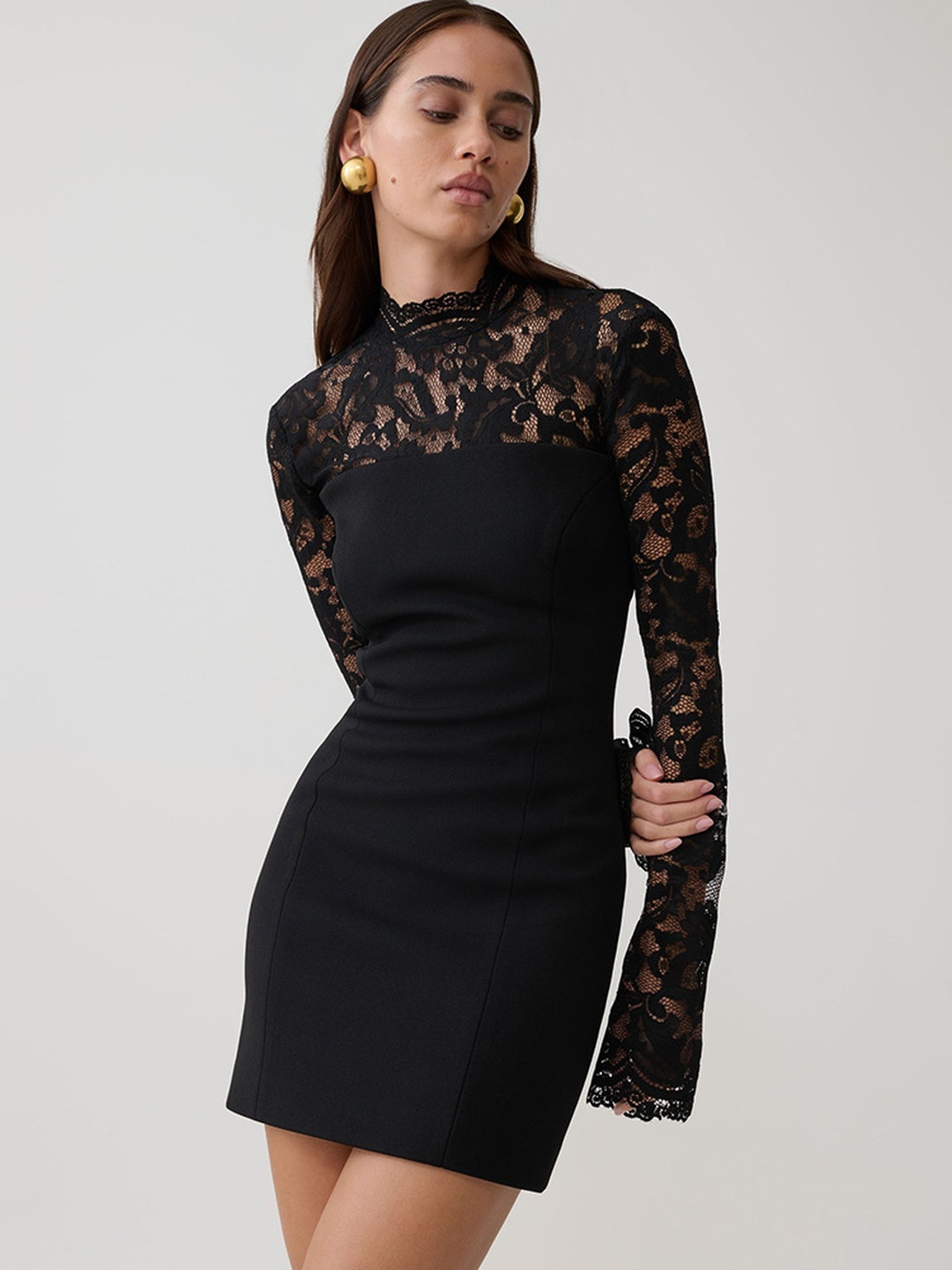 Black Lace Long Sleeve Mini Bodycon Dress