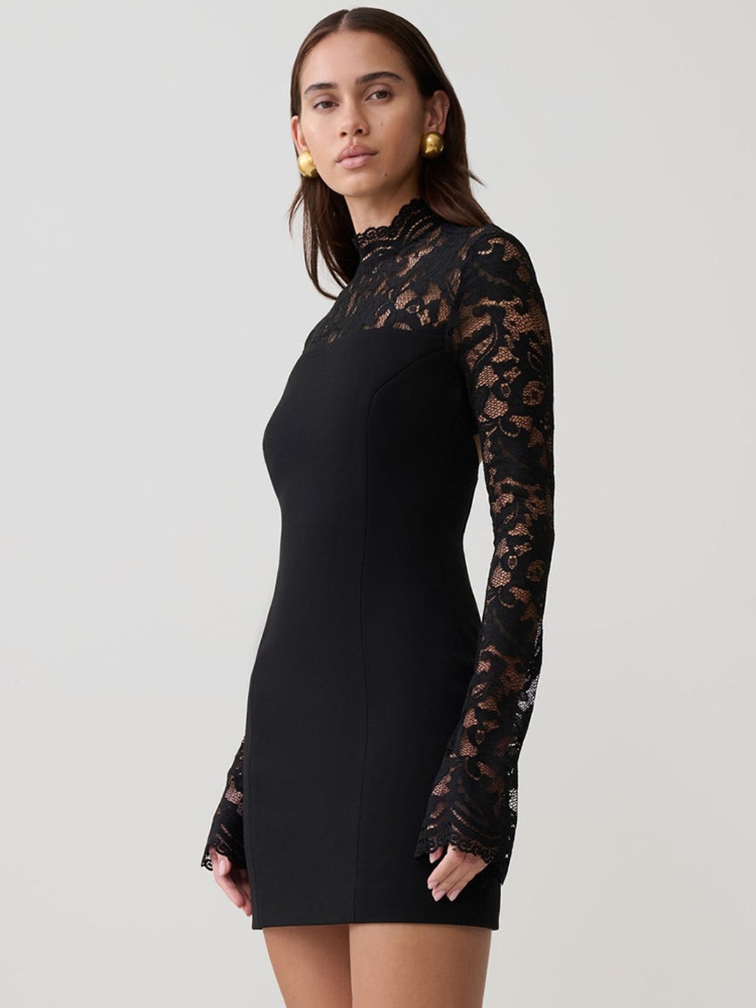 Black Lace Long Sleeve Mini Bodycon Dress