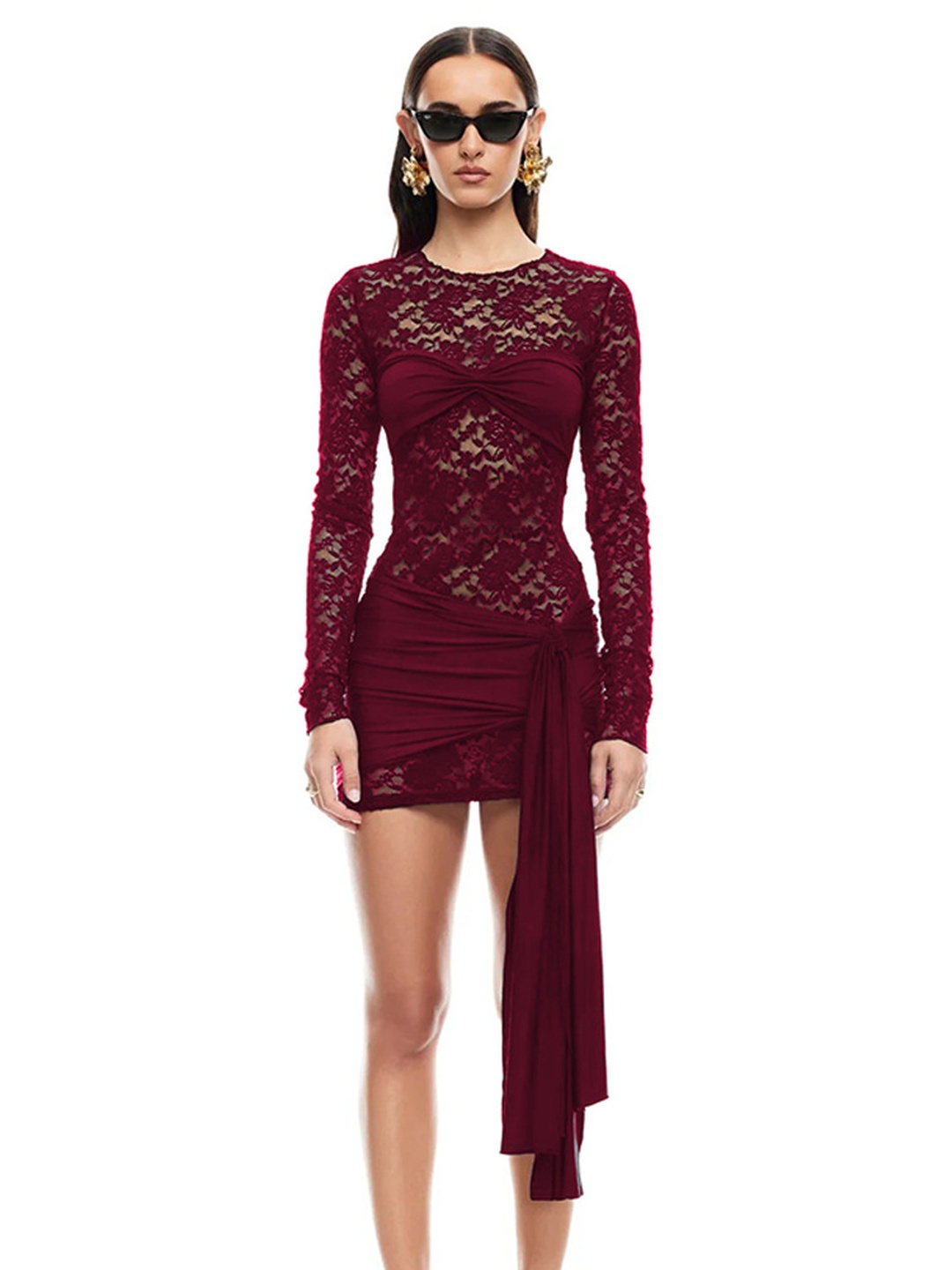 Maroon Lace Bodycon Mini Dress with Long Sleeves